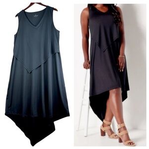 Cuddl Duds Sz Large 12 14 Tank Dress Midi Black Slvlss V-Neck Silky Asymmetrica